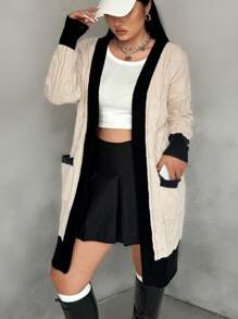 Calvaya Plus Size Women Contrast Color Pockets Casual Long Cardigan, Fall/Winter - Apricot - View 8