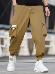 Claim Dot Men Plus Size Letter Graphic Flap Pocket Side Drawstring Waist Loose Cargo Pants, Fall - Brown - View 4