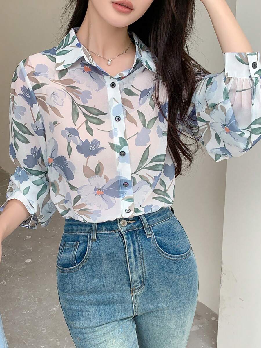 DAZY 花卉印花雪纺长袖女式衬衫 - 淺藍色 - 查看 1
