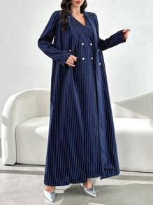 Al Najma 女士优雅条纹长款金属纽扣装饰长袍，适合春秋季节，端庄优雅的长款长袍长袖长袍，适合日常休闲/晚会 - 藍色 - 查看 1