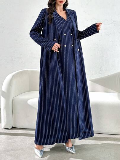Al Najma 女士优雅条纹长款金属纽扣装饰长袍，适合春秋季节，端庄优雅的长款长袍长袖长袍，适合日常休闲/晚会