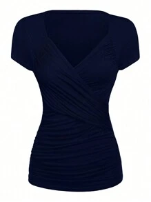 SHEIN Clasi Plus Size Short Sleeve Wrap T-Shirt - Navy Blue - View 1