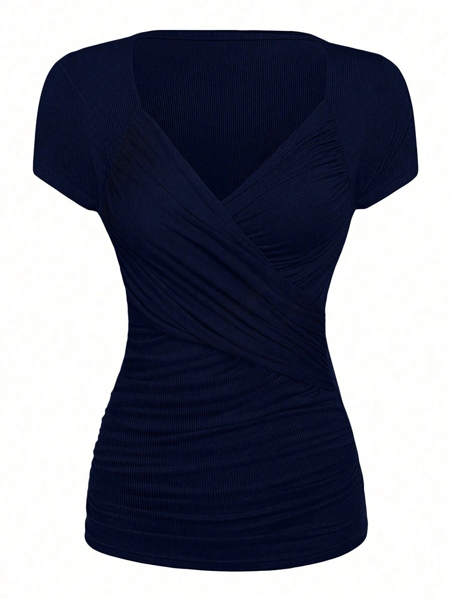 SHEIN Clasi Plus Size Short Sleeve Wrap T-Shirt - Navy Blue - View 1