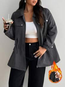 SHEIN MOOSTA Plus Size Button-Up Fluffy Collar Pockets Waist Drawstring Long Sleeve Jacket - Dark Grey - View 3