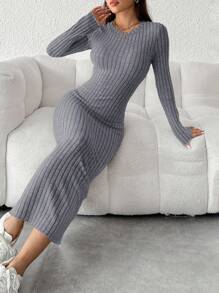 SHEIN PETITE Vestido negro de punto acanalado ajustado