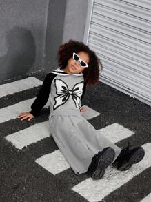 SHEIN Explorewe Young Girl Collared Bowknot Embroidered Contrast Color Raglan Sleeve Sweater And Straight Leg Pants Two-Piece Set - Multicolor - View 6