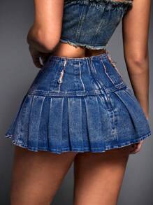 SHEIN ICON 女式街头风格仿旧褶皱下摆牛仔迷你裙 - 藍色 - 查看 4