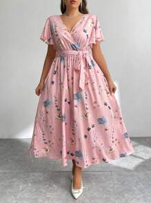 Firerie Gaun Liburan Wanita Ukuran Besar Model V-Neck Longgar dengan Motif Acak dan Belahan Pinggang Ikat, Gaun Pantai, Pakaian Liburan Gaya Boho Musim Semi - Baby Pink - View 4