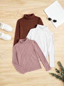 Set da 3 magliette a maniche lunghe, aderenti, a girocollo, casual, di colore unito, per ragazze pre-adolescenti