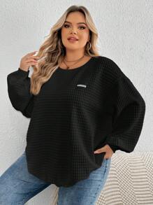 SHEIN CURVE+ Curve Plus Letter Patch Detail Drop Shoulder Sweatshirt Winter Fall Autumn - Black - View 5