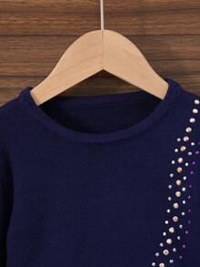 SHEIN Young Girls Casual Heart-Shaped Faux Bag Design Long Sleeve Crew Neck A-Line Knitted Sweater Dress, Soft & Comfortable, Suitable For Everyday, Outing, Travel, Vacation, Home, Nursery, Playing, And School Wear - Royal Blue - View 3