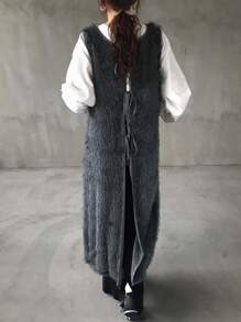 FRIFUL Women's Solid Color Crew Neck Sleeveless Fluffy Long Vest With Tie Back, Autumn/Winter,Sleeveless Tops Women Jacket,Fall Women Clothes Women Coats - Grey - View 6