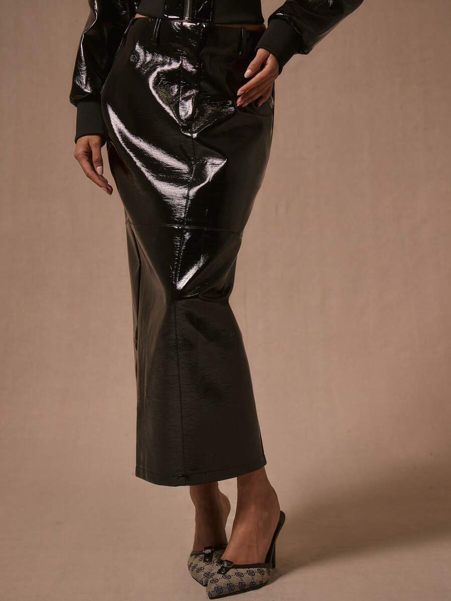 MUSERA Chân váy maxi ôm sát bằng chất liệu PU, phong cách mùa hè thập niên 90, gợi cảm. - màu nâu - Xem 1