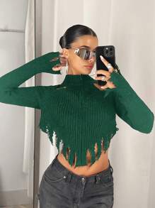 SHEIN ICON 女士纯色拉链镂空立领不对称下摆长袖开衫 - 墨綠色 - 查看 5