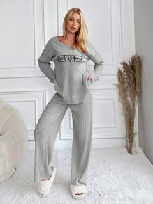 RueChic 100%Cotton Letter Printed Knitted Ribbed Homewear Set - Light Grey - View 5