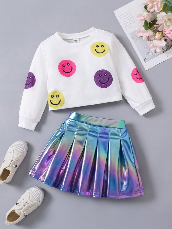 SHEIN Young Girl Y2K Style Colorful Smiling Face Print Round Neck Sweatshirt And Metallic Pink Pleated Mini Skirt Set, Suitable For Autumn/Winter, Everyday, Party, Sportswear, And Streetwear