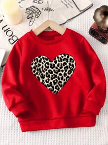 SHEIN Tween Girl Casual Leopard Heart Print Round Neck Sweatshirt - Red - View 3