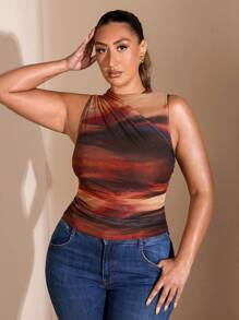 SHEIN BAE Plus Size Women's Black Polka Dot Stand Collar Sleeveless Ruched Tank Top, Suitable For Valentine's Day, Carnival, Beach, Vacation, Back To School, Spring/Summer, Sexy, Outgoing, Commute, Daily Wear, Y2K,Spring Break Outfits,Easter Dress Women,Concert Outfit Women,Party Top,Summer Tops,Plus Size