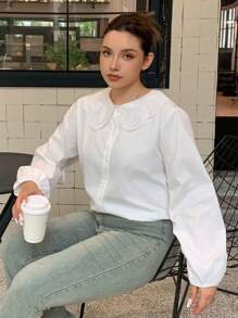 Dazy Petite Plus Plus Size Contrast Lace Collar Loose Lantern Sleeve White Peter Pan Collar Blouse, Spring/Summer/Autumn, Fall Women Clothes Long Sleeve Top - White - View 7