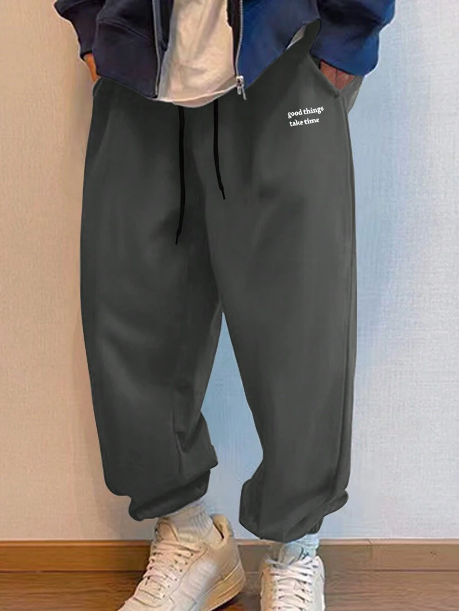 Manfinity Hypemode Quần nỉ nam cạp rút họa tiết logo thường ngày mùa thu - Xám - Xem 1