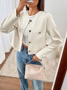 SHEIN LUNE Women 2024 Round Neck Pockets Buttoned Front Long Sleeve Jacket Fall Cloth For Women - Apricot - View 6