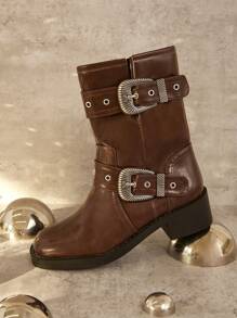 SHUZIA Double Buckle Chunky Slip-On Combat Ankle Boot - Black - View 1