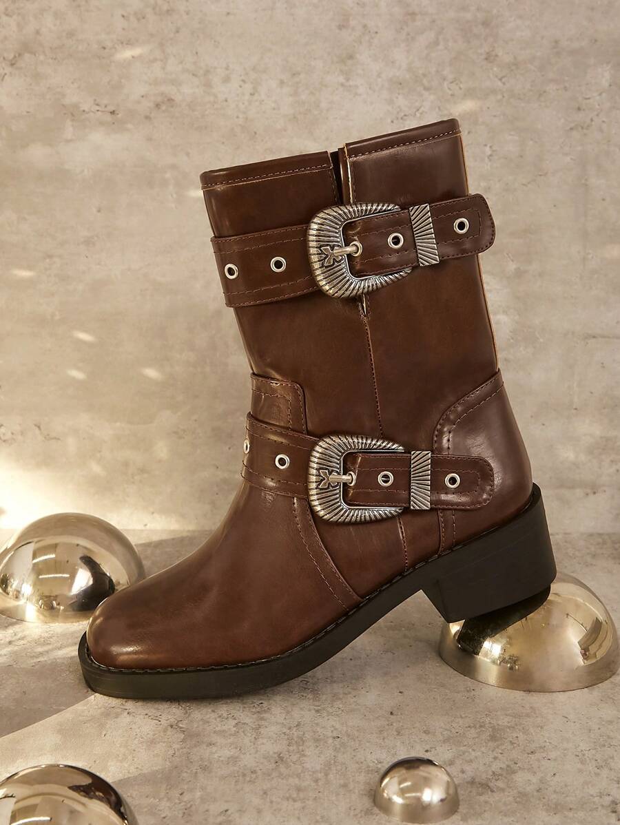 SHUZIA Double Buckle Chunky Slip-On Combat Ankle Boot - Black - View 1