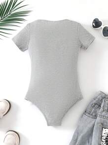 Tween Girls All-Match Solid Color Knit Jumpsuit, Streetwear Style For Spring And Summer - Grey - View 2
