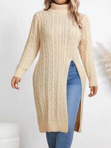 SHEIN LUNE 大码纯色高领开衩长袖休闲套头毛衣针织衫秋冬款 - 米色 - 查看 3