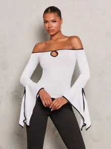 Glamine 黑白对比镂空长袖 T 恤，露肩设计，适合女性办公室穿着，秋季