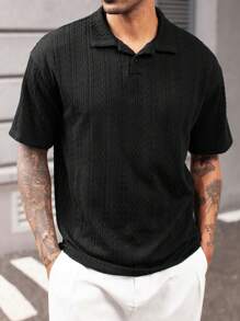 Manfinity Homme Men's Minimalist Textured Fabric Black Short Sleeve Polo Shirt - Black - View 4