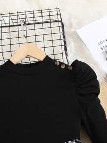 SHEIN Leap Crew Tween Girl Knit Patchwork Plaid Waist Cinched Gigot Sleeve Fitted Dress, Casual Preppy Style, Modern Fashion - Black - View 6