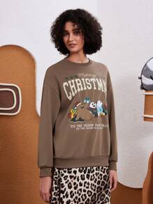 We Bare Bears X SHEIN 女士休闲圣诞卡通熊与口号印花落肩宽松运动衫 - 咖啡棕 - 查看 5