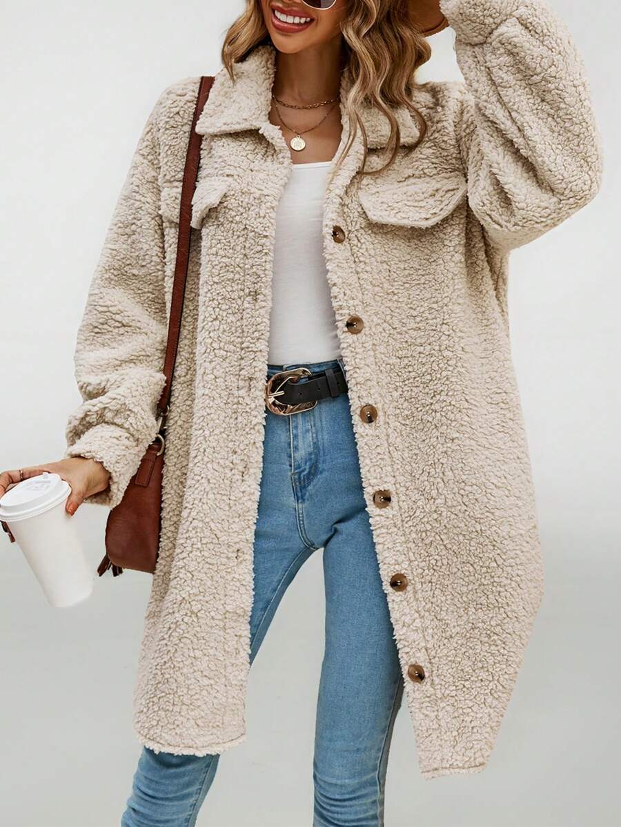 SHEIN PETITE Dropped Shoulder Flap Detail Teddy Fur Coat - Apricot - View 1