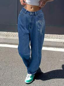 2024 Popular Straight-Leg Embroidered Denim Jeans - Medium Wash - View 4