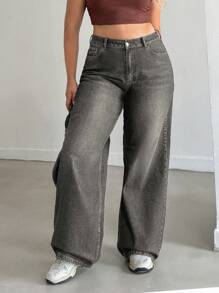 EURMUSE Plus Size Women Low Waist Pocketed Vintage Washed Jeans - Grey - View 1