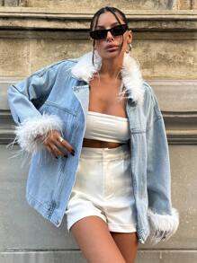 EURMUSE Autumn Fashion Color Block Fleece Patchwork Drop Shoulder Loose Denim Jacket - Light Wash - View 4