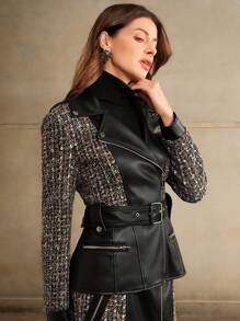 Anewsta Women Leather Paneled Zippered Moto Jacket, Fitted Waist Design