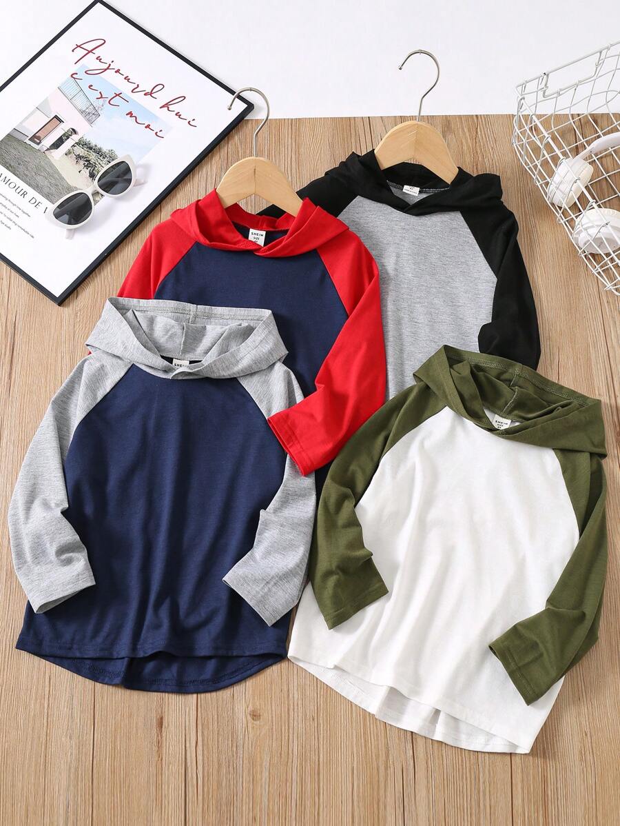 4件装男童休闲舒适针织撞色连帽T恤,带拼接长袖,适合旅行、上学,秋冬季穿着 - 彩色 - 查看 1