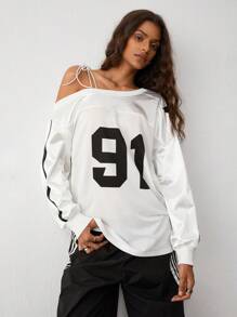 TRNVIE 1pc Women's Vintage Sporty Colorblock Raglan Shoulder Letter Print Oversized T-Shirt, Retro College Style For Autumn/Winter