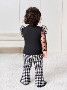 SHEIN 2pcs Baby Girl Cute Knit Panel Polka Dot Mesh Top And Houndstooth Flare Pants Set, Autumn/Winter - Black - View 2