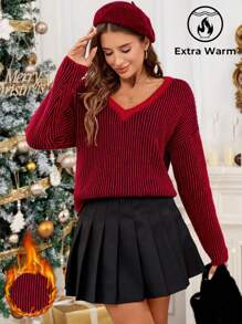 SHEIN Essnce Áo len cổ chữ V màu đỏ tía & áo len dệt kim cỡ lớn có họa tiết tương phản dành cho nữ mùa thu và đông - Nhiều màu - Xem 1