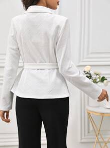Modelyn Women Spring Autumn Solid Color Lapel Neck Long Sleeve Double-Breasted Elegant Jacket - White - View 2