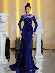 Glamrae 优雅海军蓝天鹅绒和网眼镂空串珠渐变褶边美人鱼尾拖尾晚礼服，长袖正式舞会礼服，派对礼服，适合婚礼嘉宾，毕业典礼，晚宴 - 寶藍色 - 查看 4