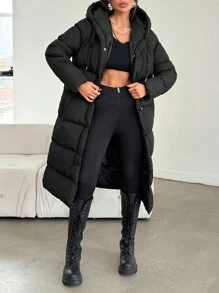 EURMUSE Hooded Side Pocket Snap Button Drawstring Padded Coat For Autumn And Winter - Black - View 2