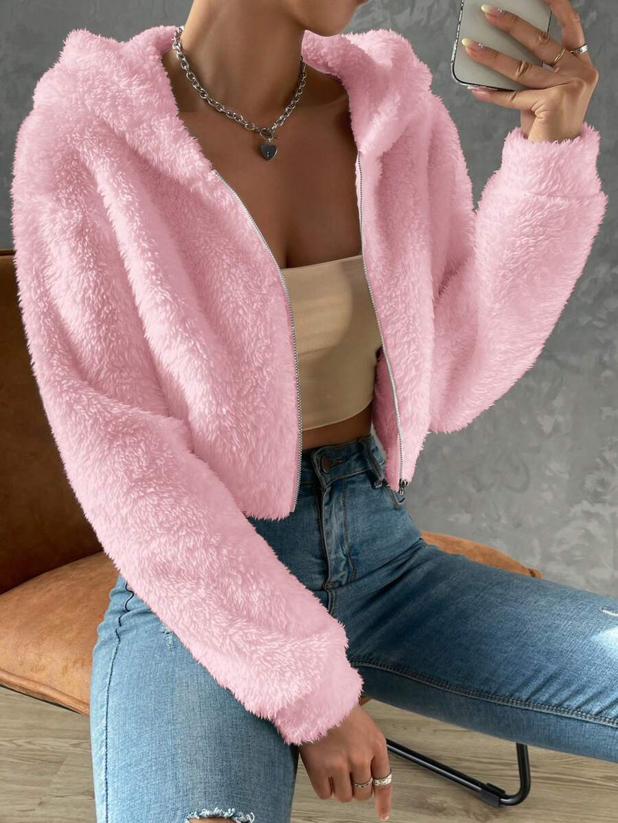 SHEIN EZwear Solid Color Hooded Zipper Winter Casual Fashion Long Sleeve Jacket - Baby Pink - View 1