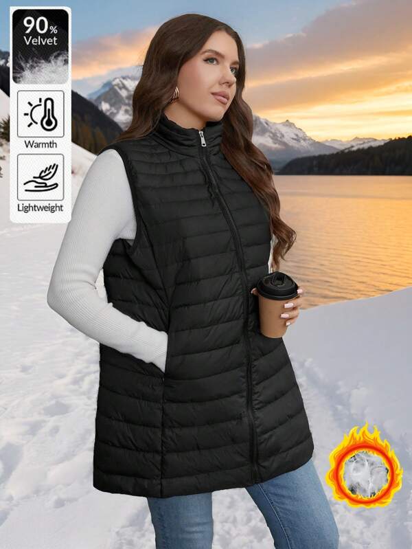 SHEIN LUNE Plus Size Solid Color Front Zipper Sleeveless Minimalist Casual Feathers& Down Vest