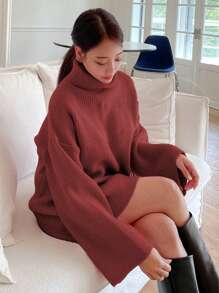 DAZY Women's Solid Color Turtleneck Oversized Sweater, Christmas ,Holiday Fall - Burgundy - View 6