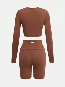 SHEIN 2pcs/Set Teen Girls' Matched Sports Crew Neck Long Sleeve Top And Shorts Co-Ord Sportswear