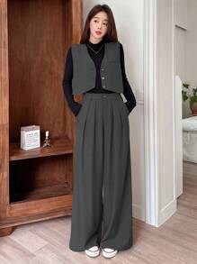 DAZY 2pcs Women Solid Color Vest And Wide Leg Pants Set, Suitable For Autumn - Dark Grey - View 4